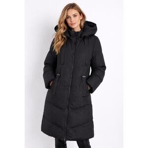 SAINT & SINNER Black Chevron Penguin Puffer Longline Hooded Coat In Size M US